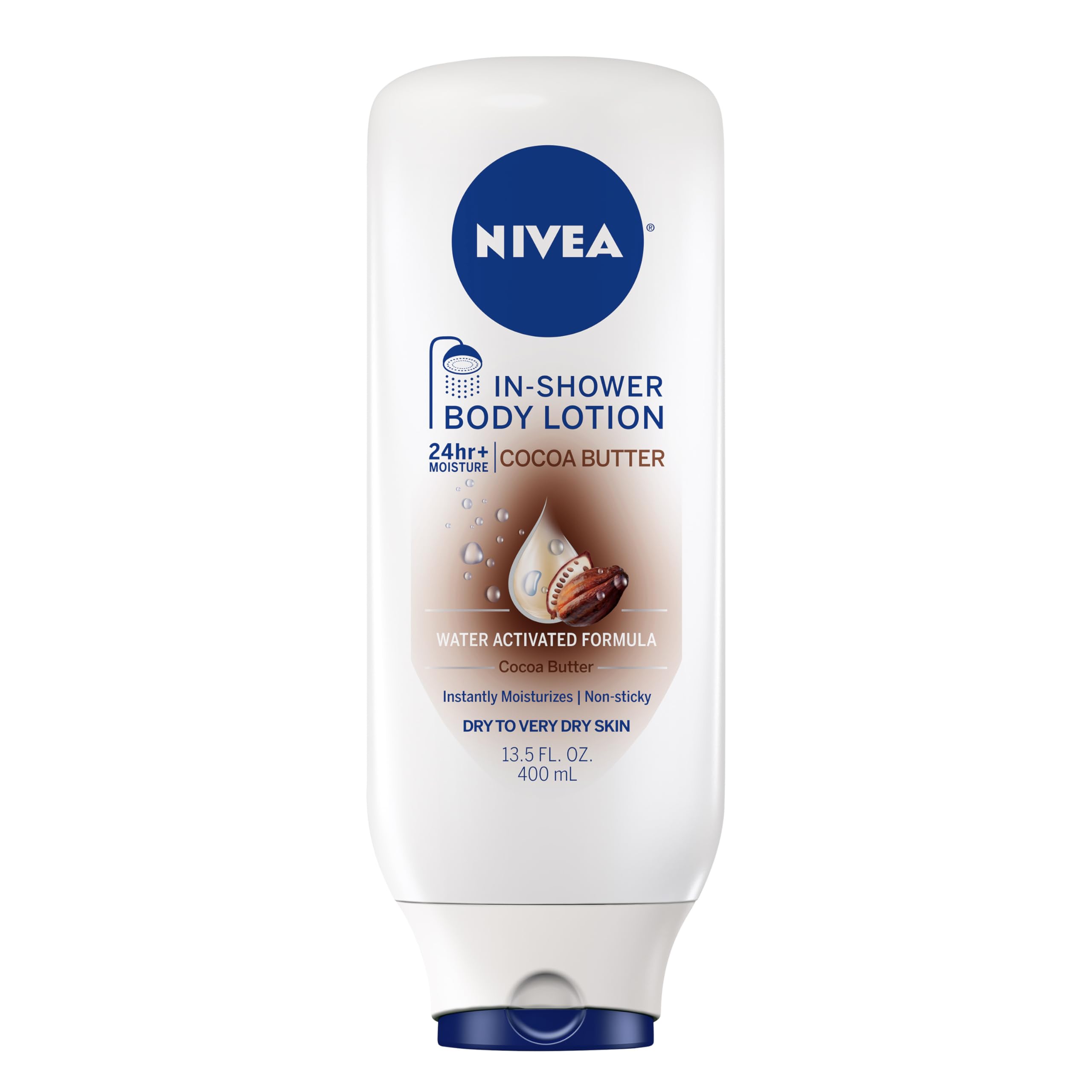 NIVEA Nourishing In Shower Body Lotion, Cocoa Butter, 13.5 FL OZ | Water Activated In Shower Moisturizer with Cocoa Butter for Dry to Very Dry Skin, Non Sticky, Non Greasy Feel