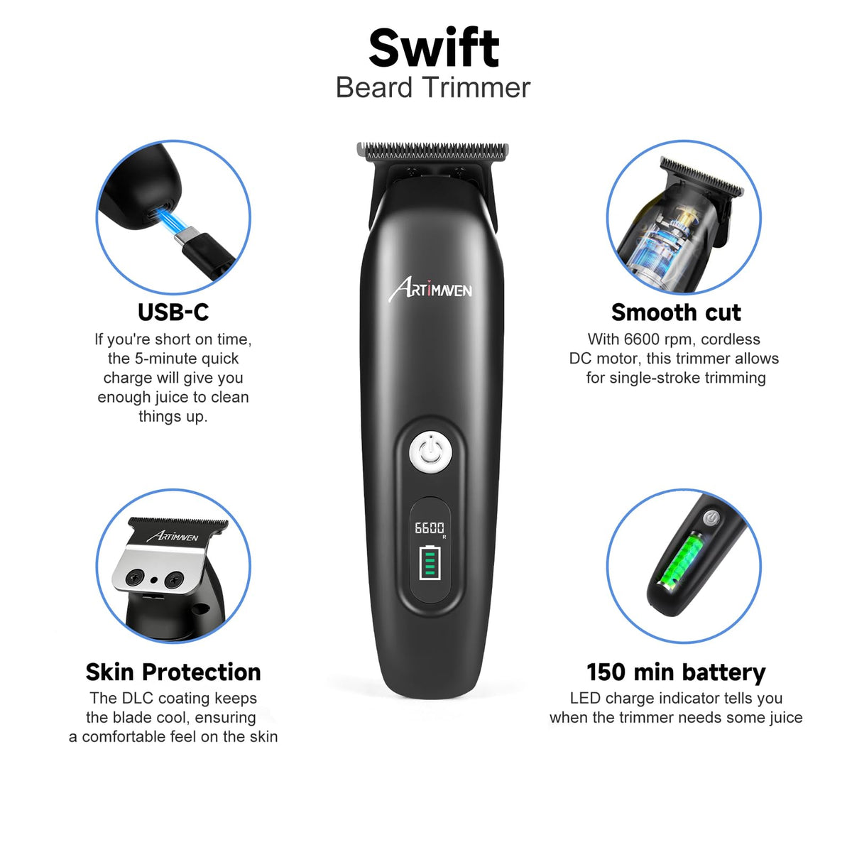 Beard Trimmer for Men, Cordless Hair Clipper & Beard Trimmer Kit, USB-C Rechargeable, DLC Precision Blade, 150-Min Runtime, Compact Travel Grooming Set, Gift for Men with Toiletry Bag