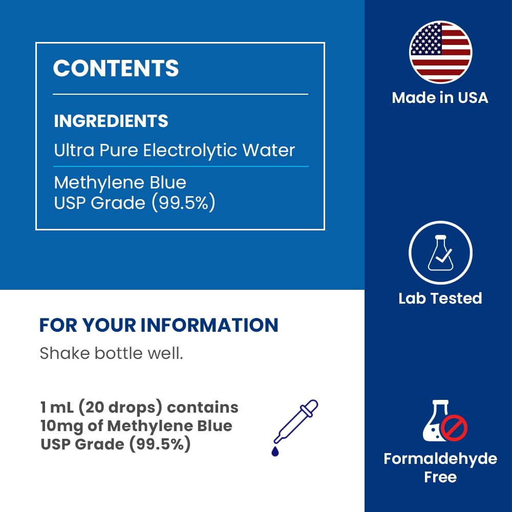 Sweat & Soul Methylene Blue Pharmaceutical Grade 2oz - Made in USA - Balanced Electrolytic 1% Solution - USP Grade, No Formaldehyde, No Alcohol, 3rd Party Tested