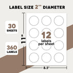 A-SUB 2 inch Round Labels for Inkjet & Laser Printer, 360 Pcs