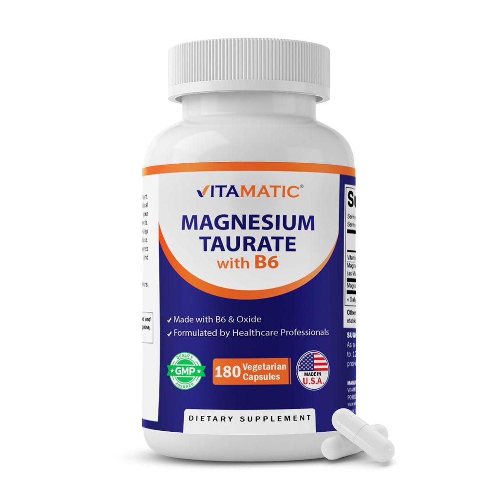 Vitamatic Magnesium Taurate 1500mg per Serving - 180 Vegetarian Capsules (Provides 300 mg of Elemental Magnesium) - Added B6 for Maximum Absorption - Supports Muscle, Joint, and Heart Health*