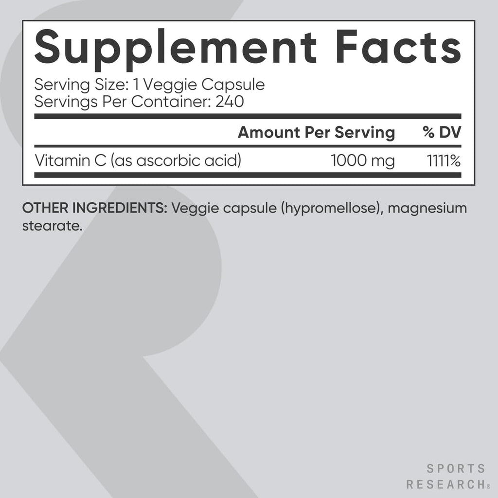 Sports Research® High Potency Vitamin C 1000mg, 240 Count Veggie Capsules | Antioxidant Activity & Immune Support | Ascorbic Acid Vitamin C | Non-GMO Verified & Gluten Free - 240 Servings