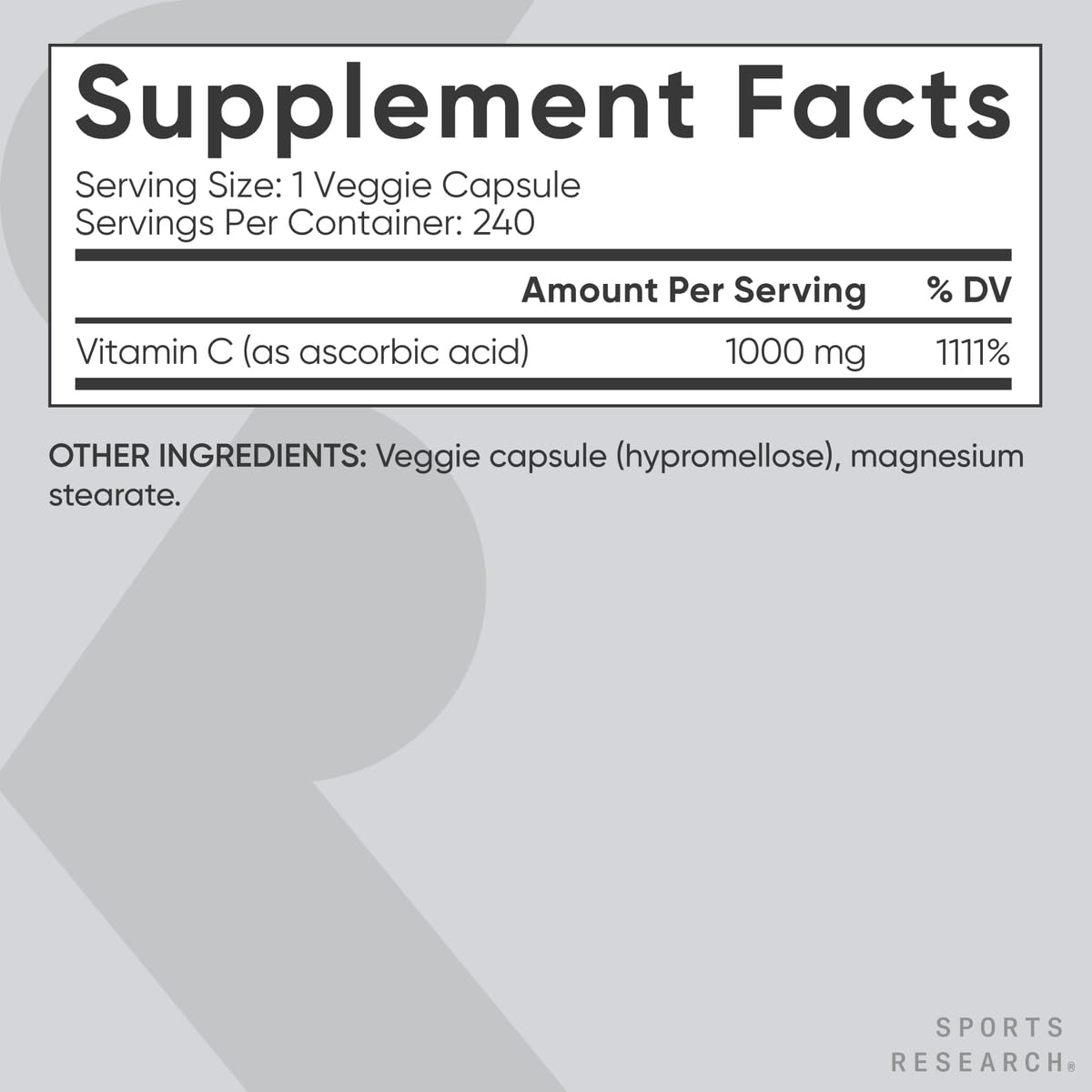 Sports Research® High Potency Vitamin C 1000mg, 240 Count Veggie Capsules | Antioxidant Activity & Immune Support | Ascorbic Acid Vitamin C | Non-GMO Verified & Gluten Free - 240 Servings