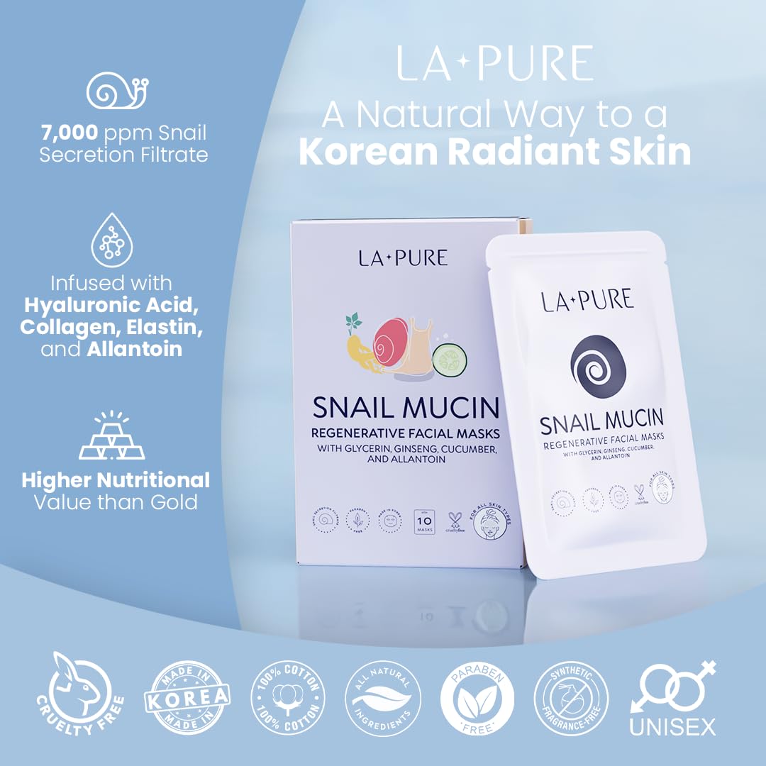 Buy now LA PURE Snail Mucin Mask – 10ct Korean Sheet Mask Pack for Signs of Aging, Aid Skin Repair & Hydration – Pure Snail Mask for Face with Collagen & Hyaluronic Acid – Cruelty-Free Hydrating Sheet Mask at indiglob india