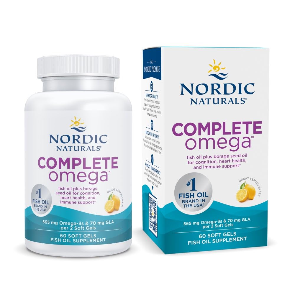 Nordic Naturals Complete Omega-3, w/EPA, DHA, & GLA, Lemon - 120 Softgels | 565mg Omega-3 per serving. Supports healthy skin, cognition & positive mood. Non-GMO. 60 servings per bottle.