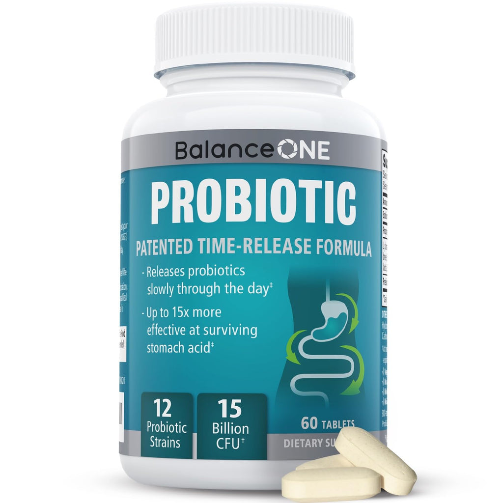 Balance ONE Probiotic for Women & Men, 15 Billion CFU, 12 Strains, 60 Count | Time Release Tablets, Gut Health, Digestive Health, Gas & Bloating Support, 60-Day Supply, 15x More Survival Than Capsules