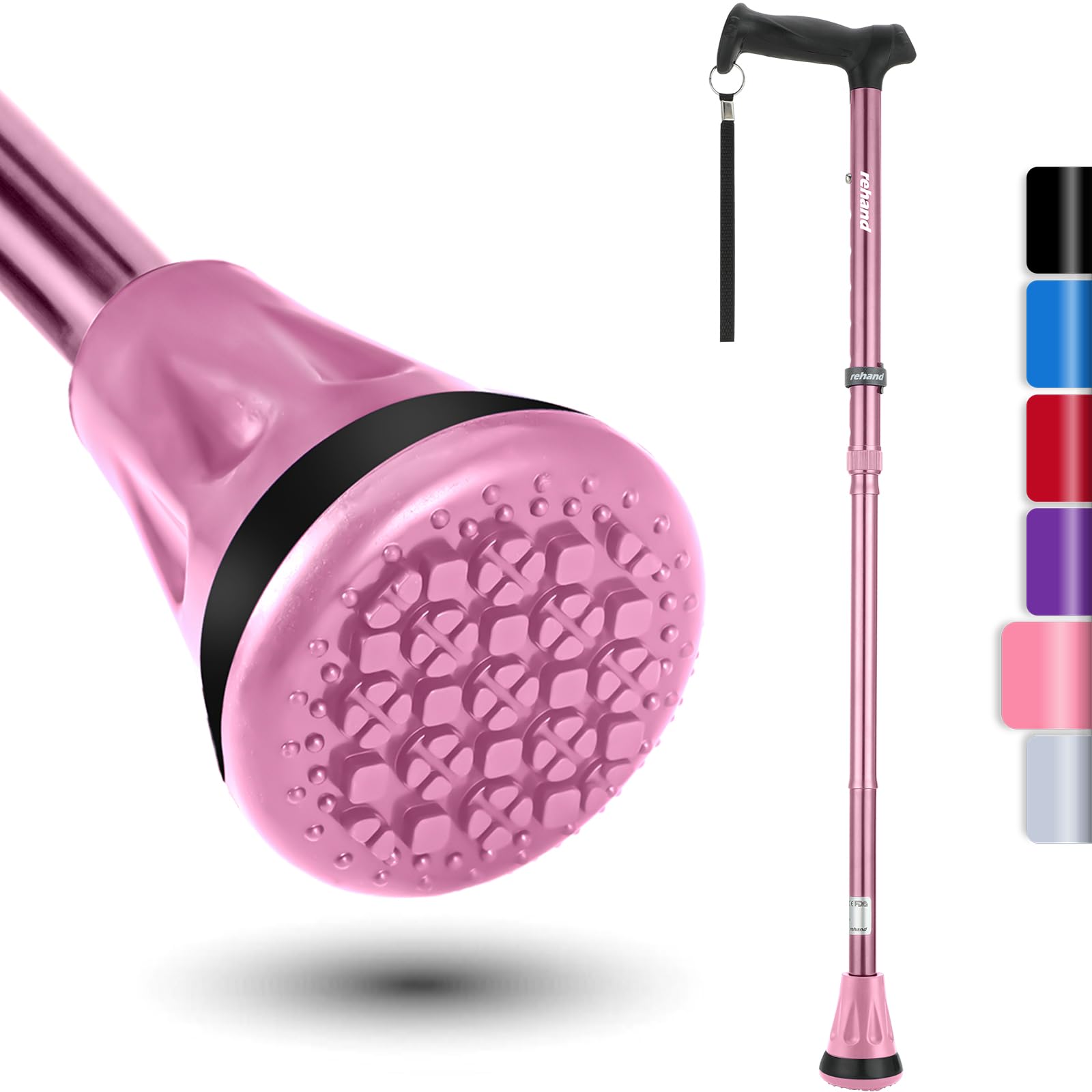 Buy now REHAND Walking Cane - Foldable, Adjustable, Collapsible Walking Canes for Men & Women, Heavy Duty All Terrain Tip, with Travel Bag | Walking Sticks for Seniors & Adults PINK at indiglob india