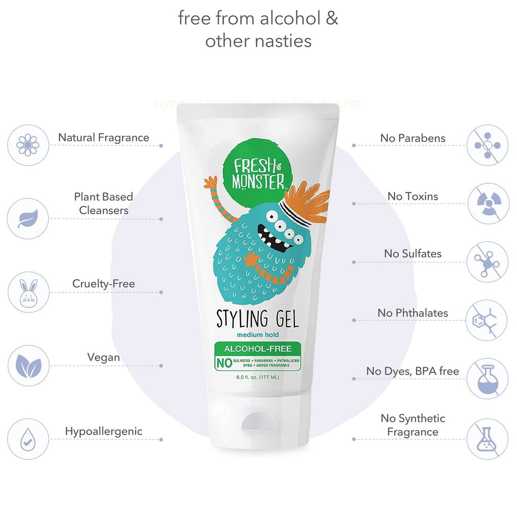 Fresh Monster Kids Hair Styling Gel, Medium Hold, Alcohol-Free, 6 oz | No Crunch or Stickiness, Toxin-Free, Sulfate/Fragrance Free, Hypoallergenic, Dermatologist Tested, Made in USA