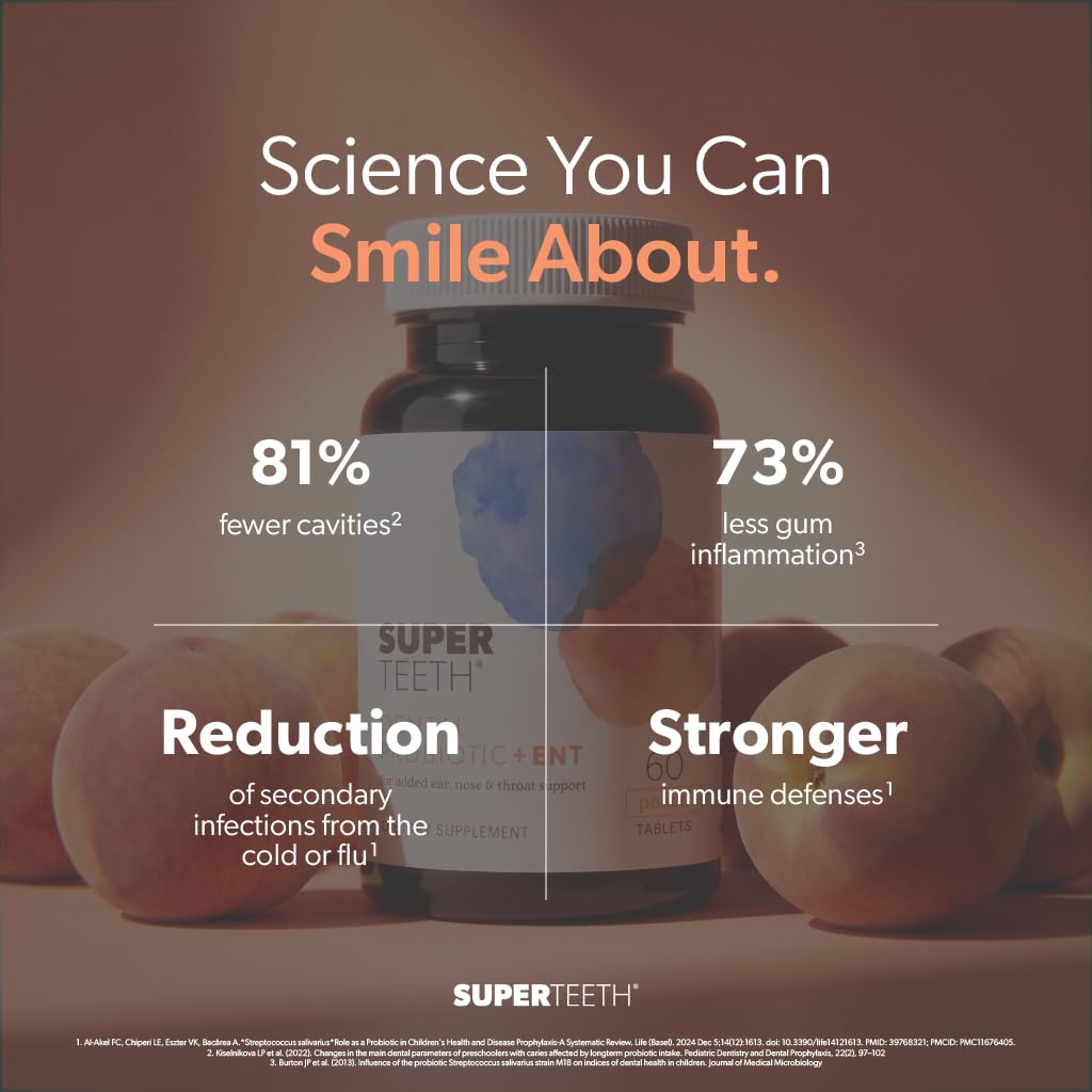 SUPER TEETH Oral Probiotics for Bad Breath, Cavities & ENT Support - Peach