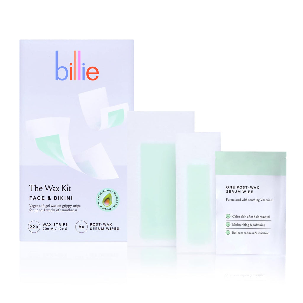 Billie Wax Kit - Face & Bikini - 32 wax strips - 6 post-wax serum wipes | Soft wax strips for hair removal, Lasts up to 4 weeks, No heat, Made with avocado oil, Includes post-removal wipes, Vegan