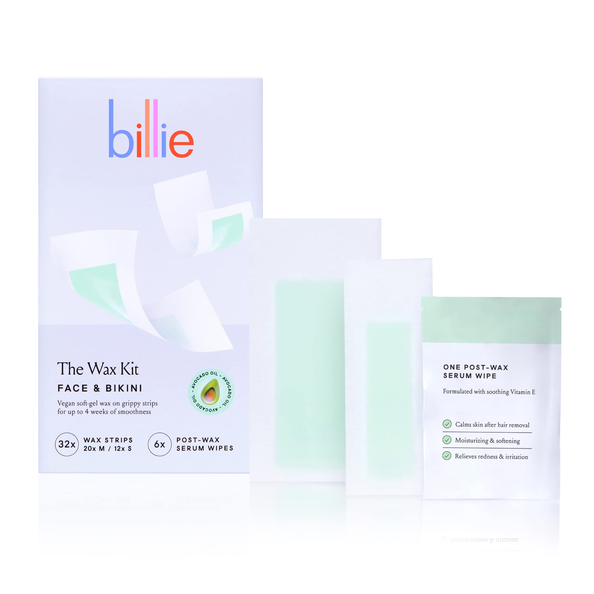 Billie Wax Kit - Face & Bikini - 32 wax strips - 6 post-wax serum wipes | Soft wax strips for hair removal, Lasts up to 4 weeks, No heat, Made with avocado oil, Includes post-removal wipes, Vegan