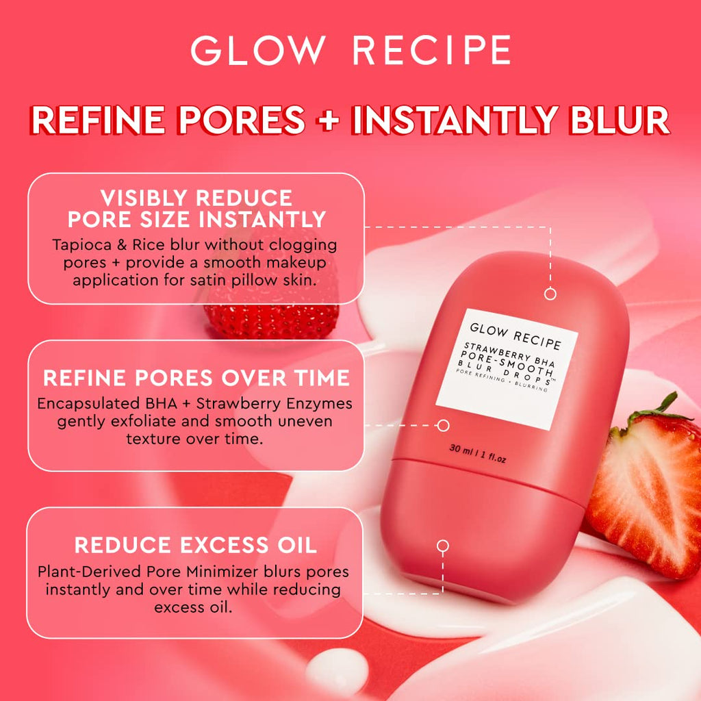Buy now Glow Recipe Strawberry BHA Serum + Poreless Face Primer for Makeup - Silicone-Free Blurring Matte Primer to Reduce Shine & Prolong Wear - Hybrid Korean Skin Care for Oil Control & Smooth Texture, 30ml at indiglob india