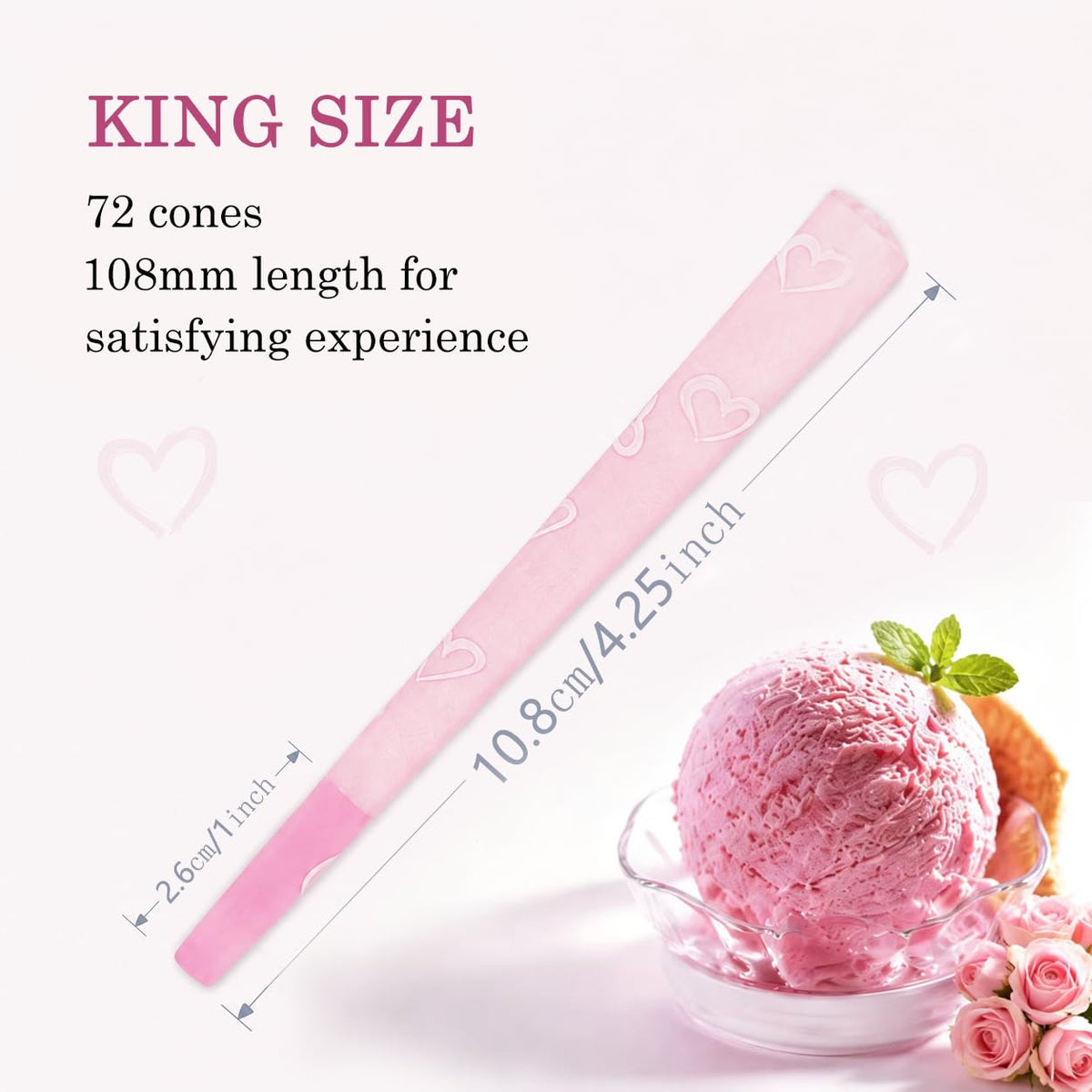 ZAPWRAP 72 PCS Pink Pre Rolled Cones| Ice Cream Flavor | King Size Rolling Paper Cone with Loader and Packing Sticks with Heart Patterns | Valentine's