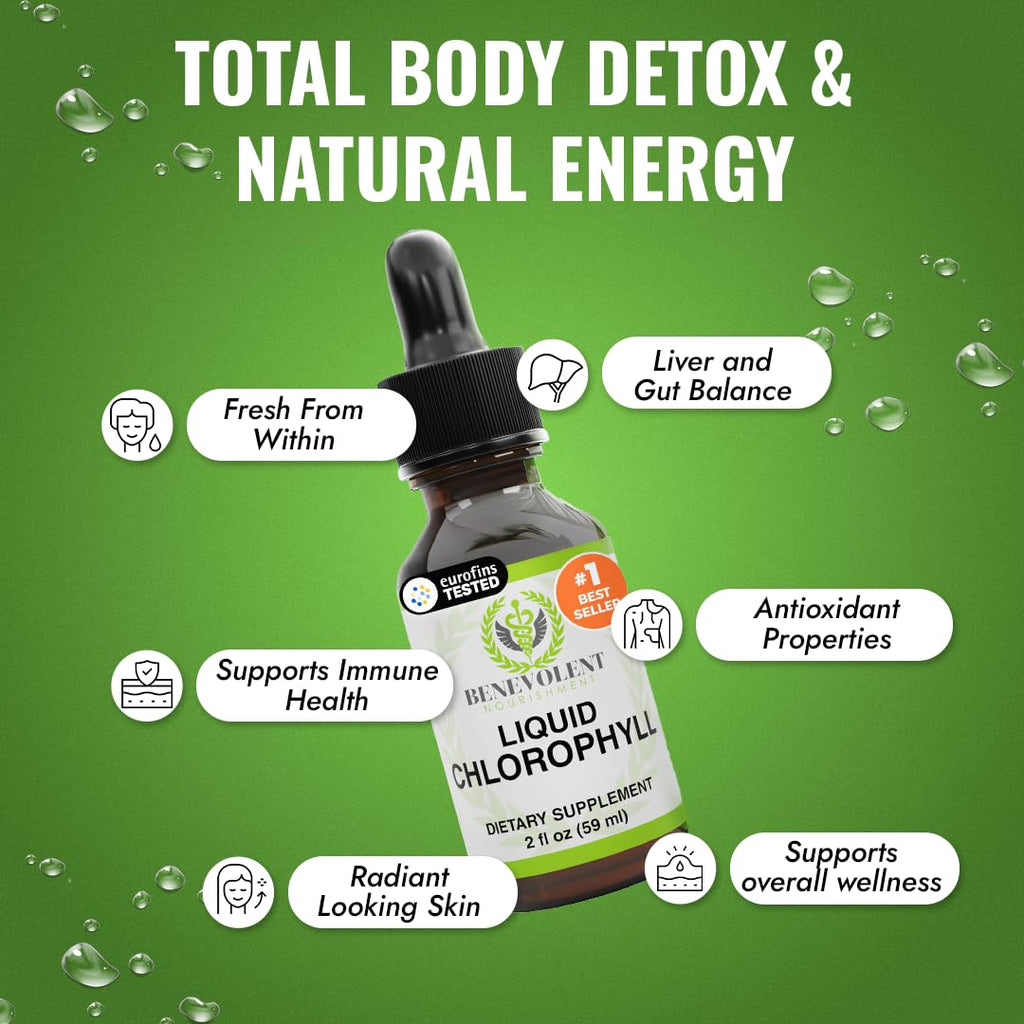 Benevolent Nourishment Chlorophyll Supplement, Detox & Immune Support, Internal Deodorizer, Liquid Drops | Highly Absorbable Supplement for Energy Support, Immune Wellness, Natural Cleansing, 4 Month Supply
