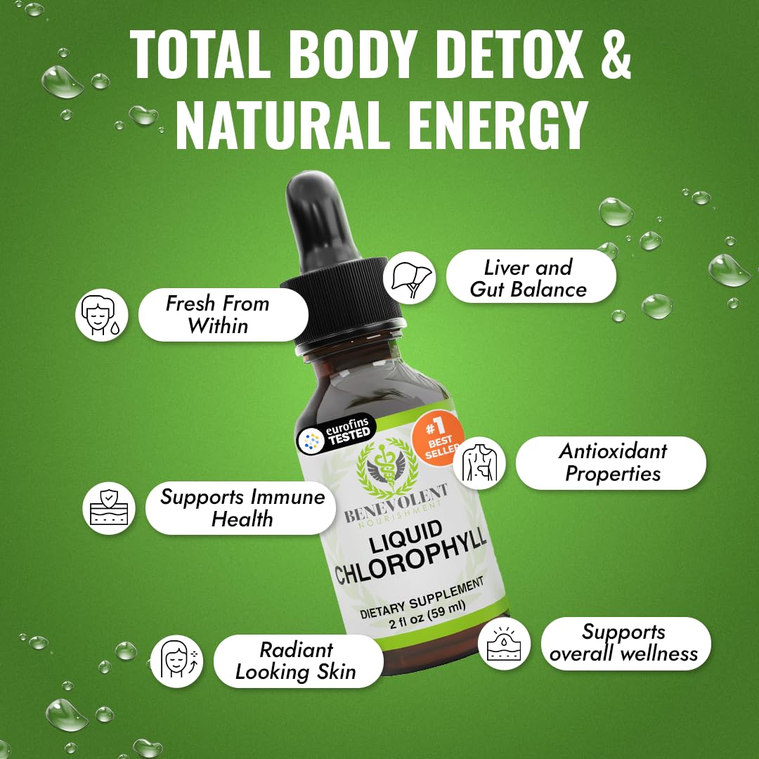 Benevolent Nourishment Chlorophyll Supplement, Detox & Immune Support, Internal Deodorizer, Liquid Drops | Highly Absorbable Supplement for Energy Support, Immune Wellness, Natural Cleansing, 4 Month Supply
