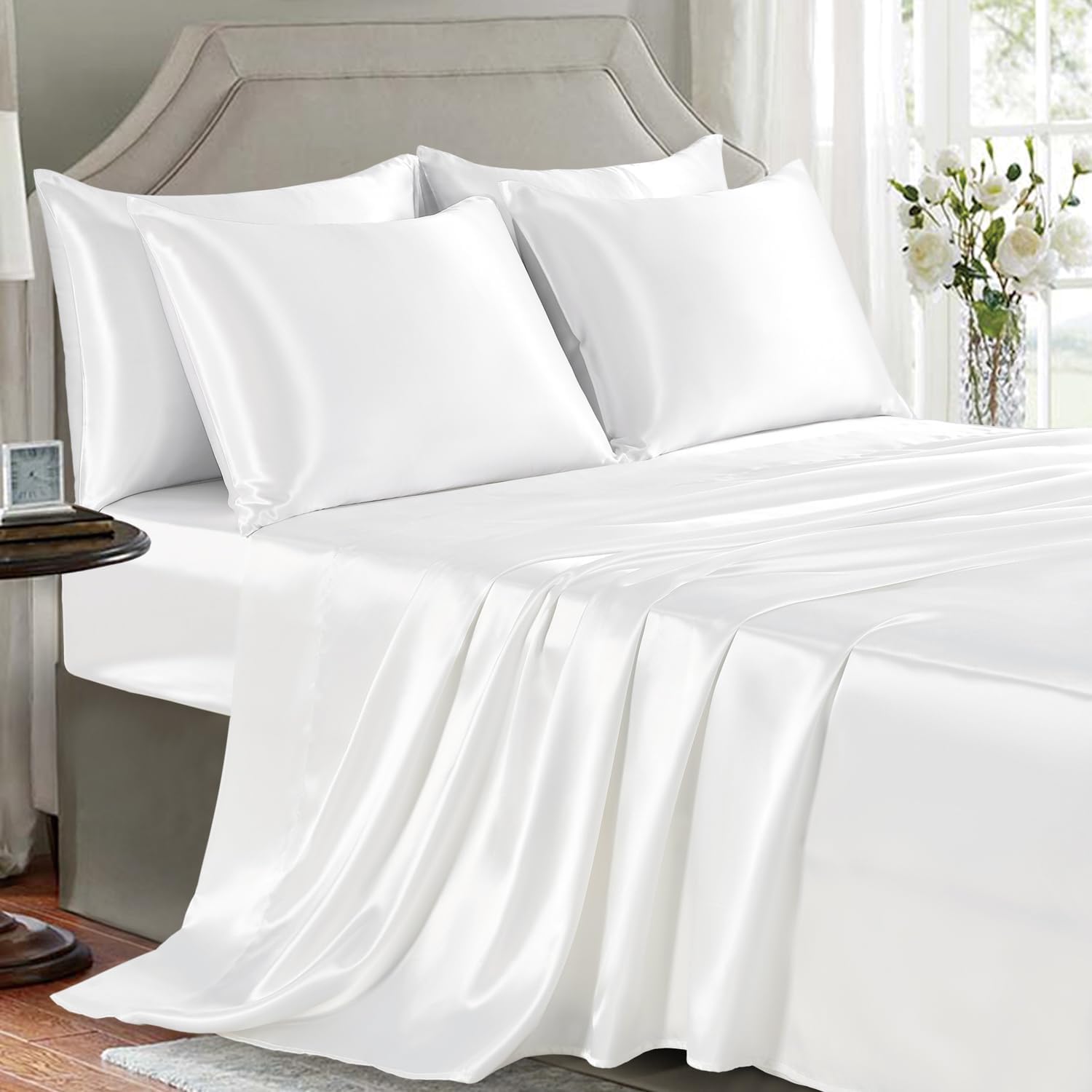 Buy now Satin Sheets King Size - 4 Pieces Luxury Silky Soft Bed Sheets, Wrinkle-Free Gold Satin Silk Sheet Set with 1 Deep Pocket Fitted Sheet, 1 Flat Sheet, 2 Pillow Cases Full(6Pc) White at indiglob india