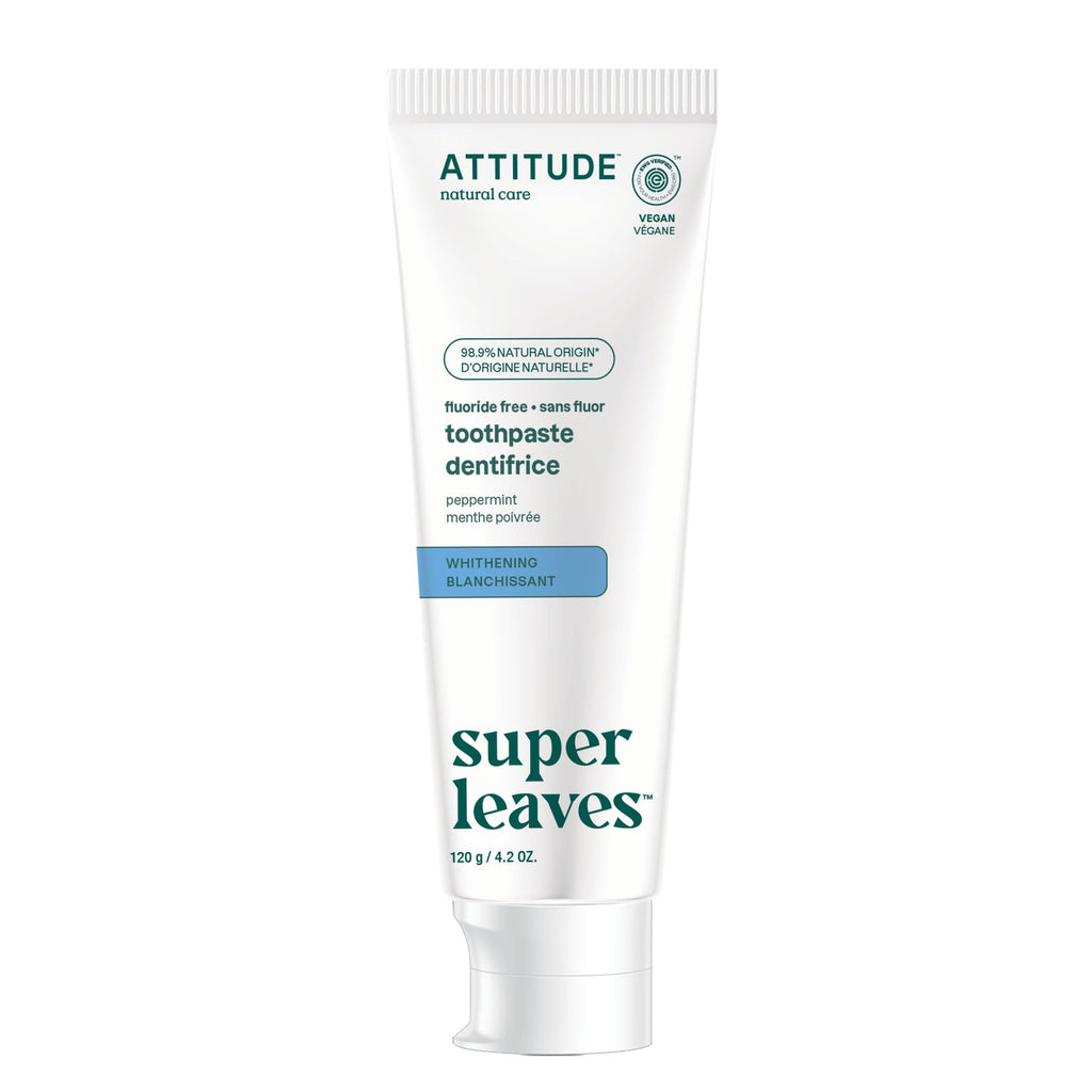 Attitude Whitening Fluoride-Free Toothpaste, Peppermint Flavor, Sugar-Free, Plant & Mineral-Based Formula, Vegan & Cruelty-Free, Clean Oral Care, 4.2 Oz