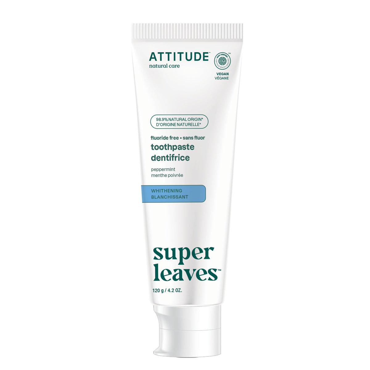 Attitude Whitening Fluoride-Free Toothpaste, Peppermint Flavor, Sugar-Free, Plant & Mineral-Based Formula, Vegan & Cruelty-Free, Clean Oral Care, 4.2 Oz