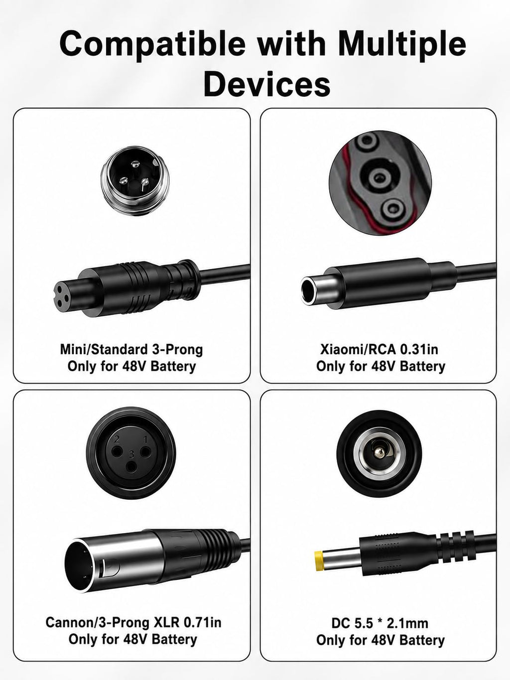 WUKUR 54.6V 2A Electric Scooter Charger 5 Connectors for 48V Lithium Batteries Compatible with Lectric XP 2.0/3.0, for Ecotric City/Beach, for Evercross H5/H7 Ebike, 8.2ft, SGS Safe Ebike Charger