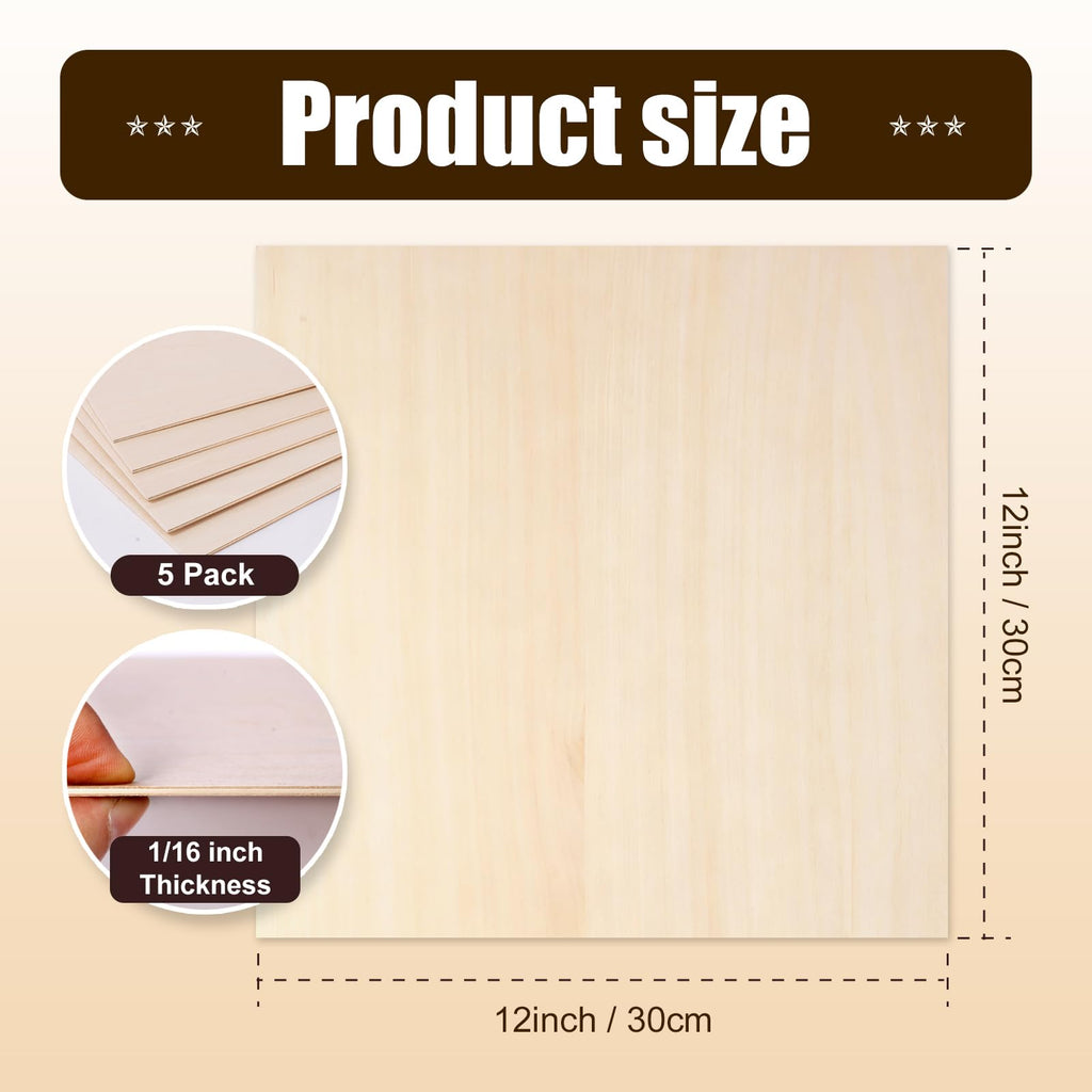 5Pack Balsa Wood Sheets Basswood Craft Plywood 12"x12"x1/16