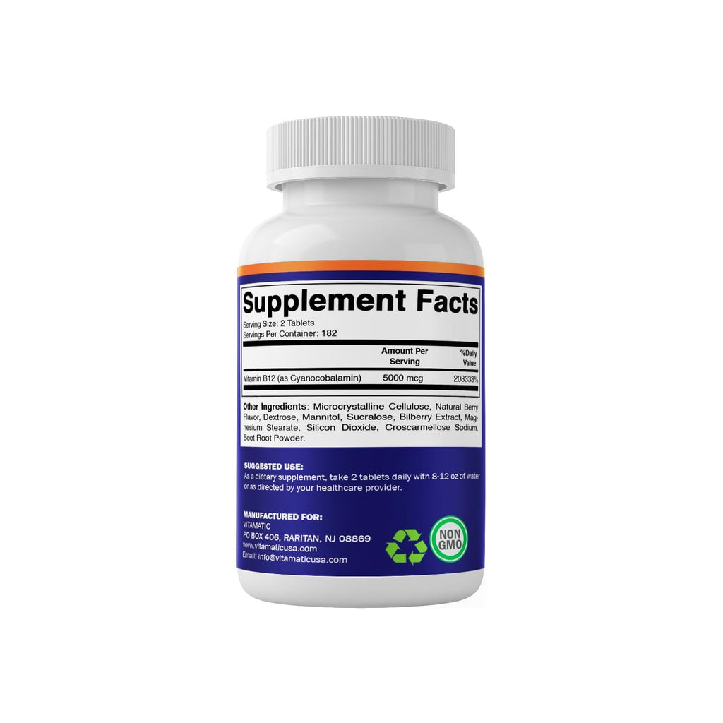 Vitamatic Vitamin B12 5000 mcg – 365 Fast Dissolve Tablets Berry Flavor – Supports Energy Production & Nervous System Health – Non-GMO, Gluten-Free