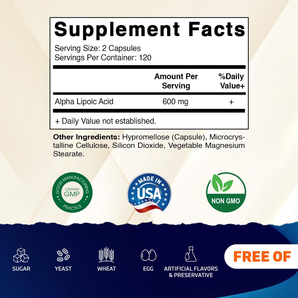 Vitamatic Alpha Lipoic Acid 600 mg Per Serving, 240 Veg Capsules | Support Antioxidant Activity*, Cellular Energy and Glucose Metabolism*, Non-GMO, Gluten Free, Made in USA