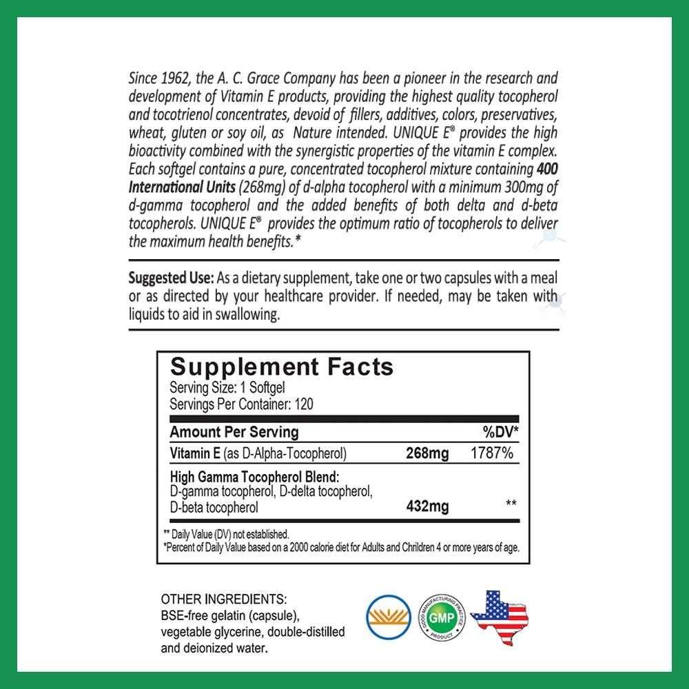 UNIQUE E A.C. Grace Company Mixed Tocopherols 120 Soft Gels, Supports Healthy Brain Function, General Health, and Aging Support, All-Natural Vitamin E and Kosher