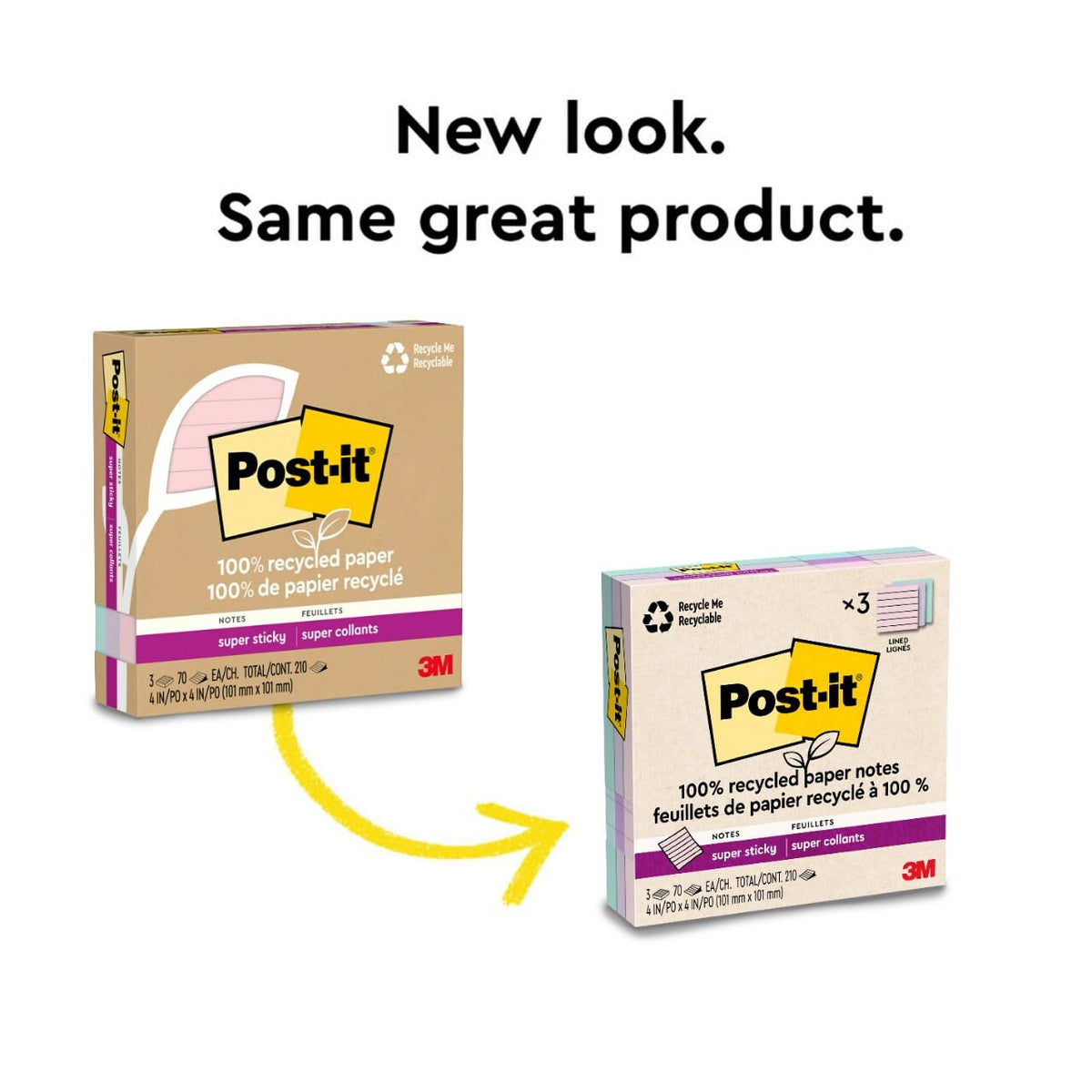 Post-it 100% Lined Recycled Super Sticky Notes, 3 x 3 in, Pastels, 18 Pads