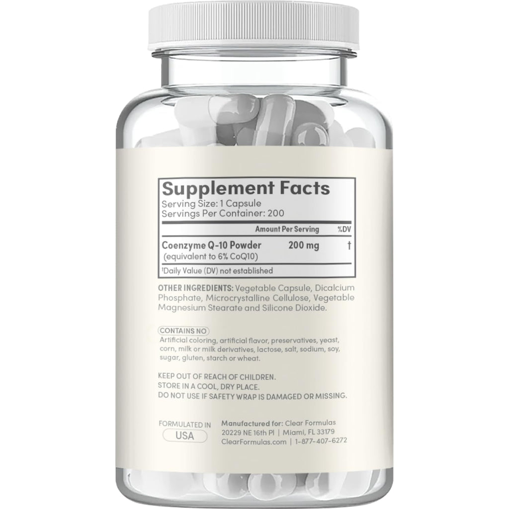 Clear Formulas Quick Absorption CoQ10 200mg - Coenzyme Q10 Potent Antioxidant for Heart Energy and Aging Support - High Stability CoQ10 Ubiquinone Capsules - Made in a cGMP US Lab - 200 Capsules