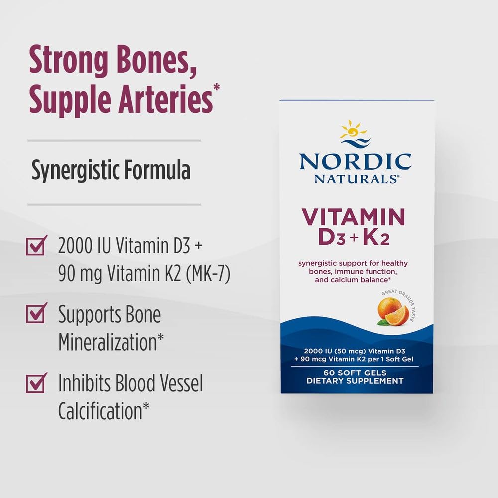 Nordic Naturals Vitamin D3 + K2, 2000 IU D3, Orange - 60 Softgels | Bone Health. Immune Support. Calcium Balance. Synergistic D3 + K2. Non-GMO. Plant-Based K2 MK-7. Orange Flavor Softgels.