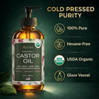 USDA Organic Castor Oil, 100% Pure Cold-Pressed Hexane-Free, 16 Oz | For Hair Growth, Stomach, Fuller Lashes & Brows, Skin Nourishment – Ricinoleic Fatty Acids, Unrefined, Glass Bottle with Pump