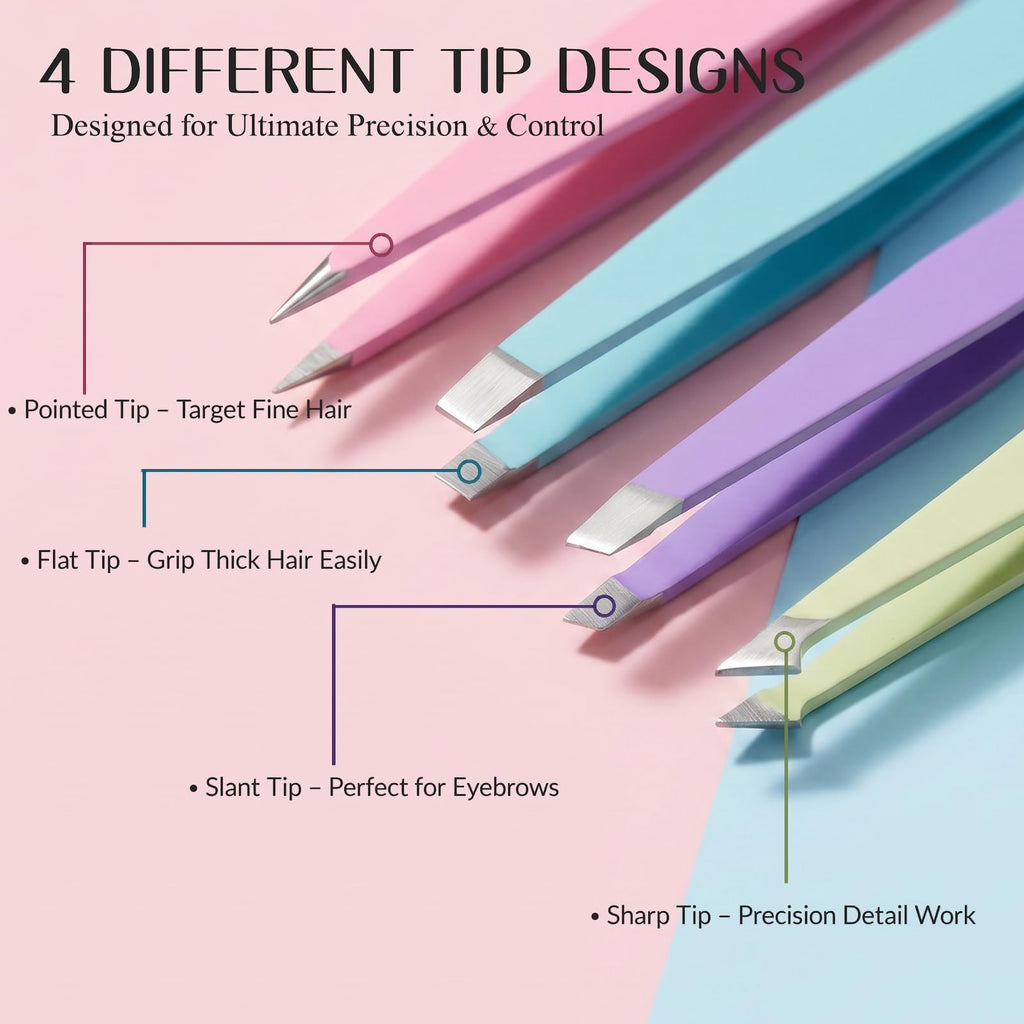 4 Pack Stainless Steel Eyebrow Tweezers Set, Precision Hair Removal Tools