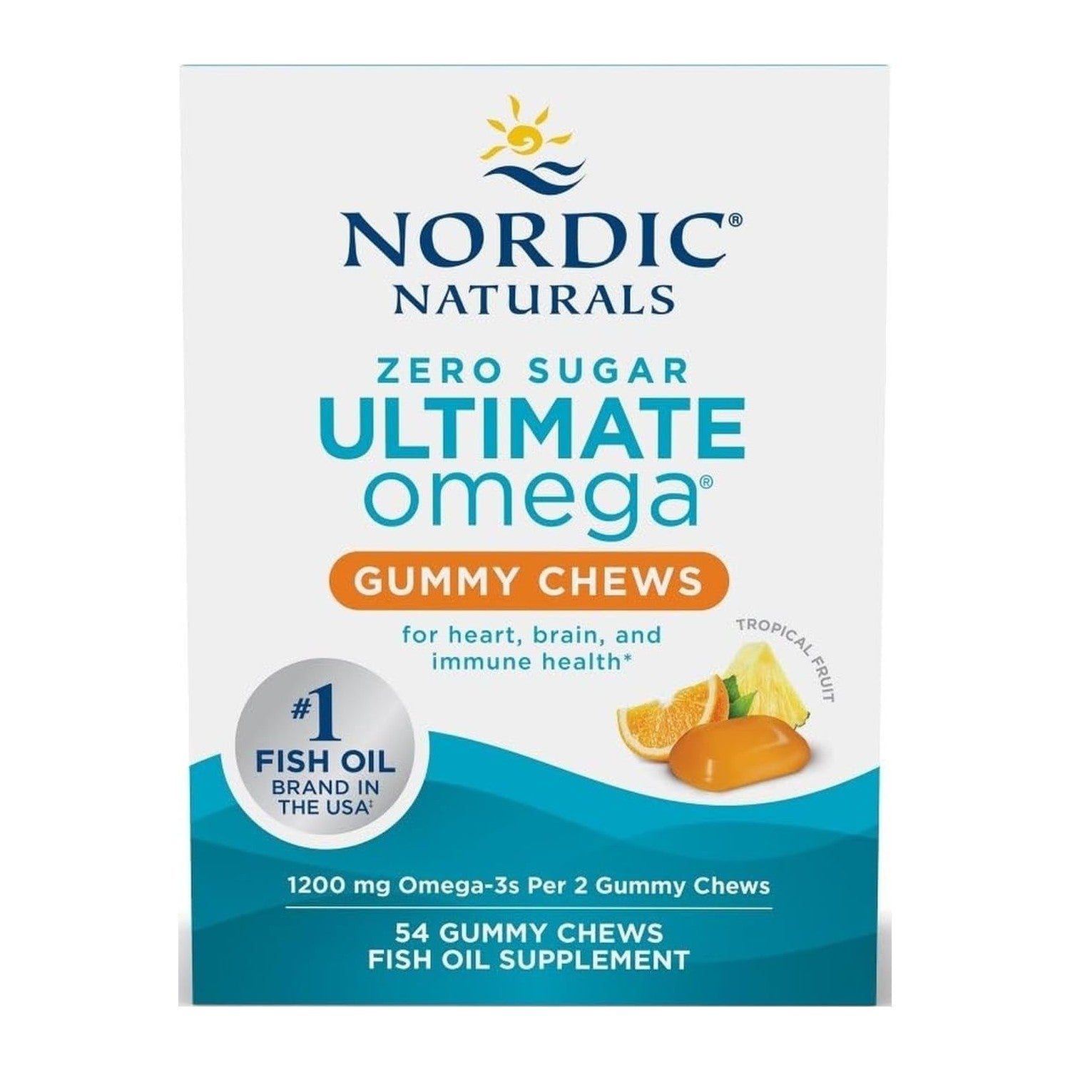 Nordic Naturals Omega 3 Gummies - Ultimate Omega - 54 Count - Tropical | Tropical Fruit gummies. Zero sugar. High-potency omega-3 (Ultimate Omega formula). Heart & brain support. Non-GMO. 54 count.