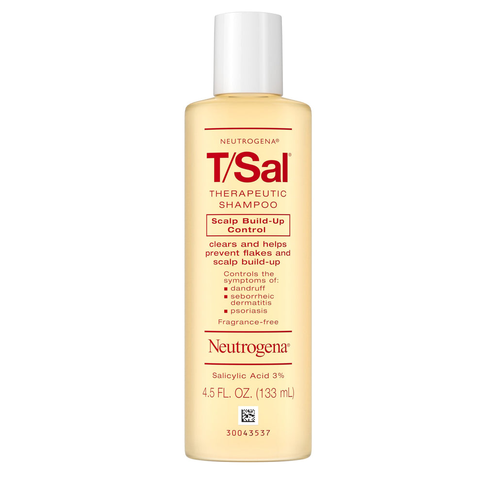 Neutrogena T/Sal Therapeutic Dandruff Shampoo, Scalp Build-Up Control, 3% Salicylic Acid,Psoriasis Treatment, Seborrheic Dermatitis Shampoo, Clears Flakes, Fragrance Free, 4.5 fl oz