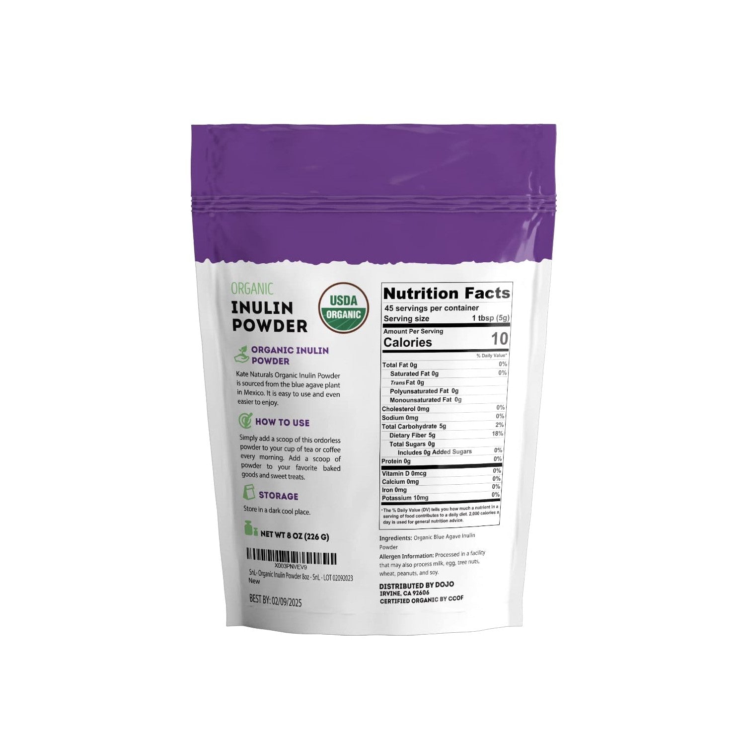 Kate Naturals Inulin Powder Organic from Blue Agave (8oz) | Soluble Prebiotic Fiber for Coffee, Yogurt & Smoothies