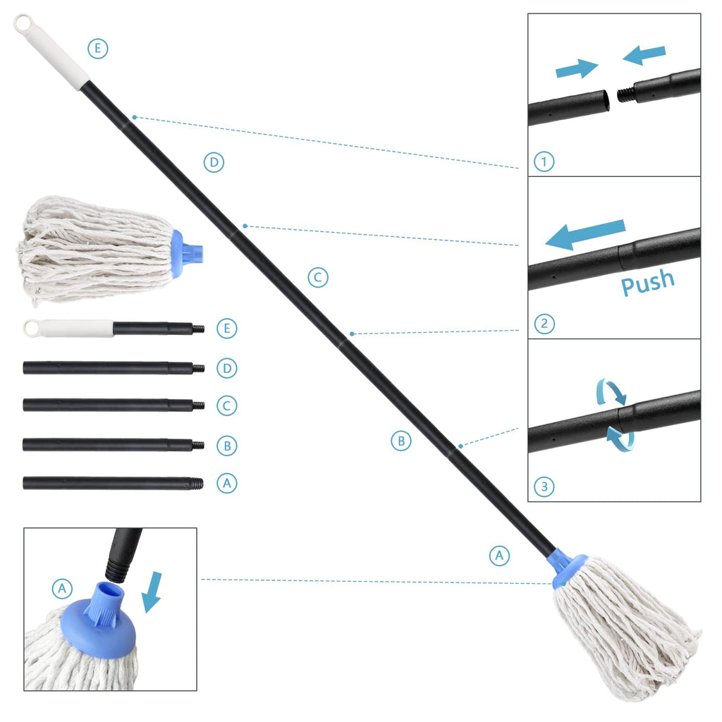 Indoor Mop for Floor Cleaning - Cotton Mops for Floor Cleaning, Regular Mop for Floors, 49-inch Simple Mops for Cleaning Living Rooms, Bathrooms, and Kitchens. (White&Blue)