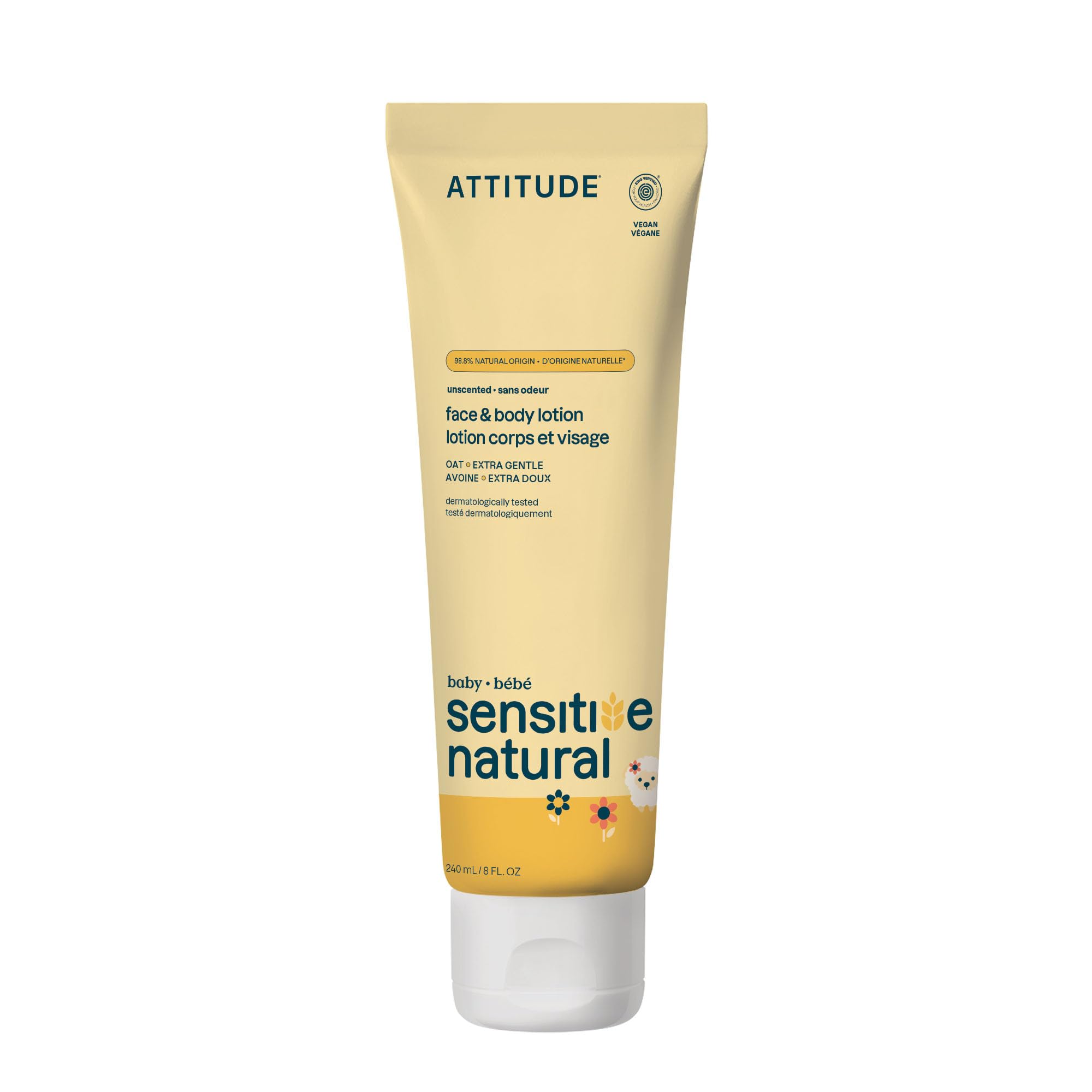 ATTITUDE Baby Lotion for Sensitive Skin with Oat, EWG Verified, Plant and Mineral-Based Ingredients, Vegan Personal Care Products, Unscented, 8 Fl Oz