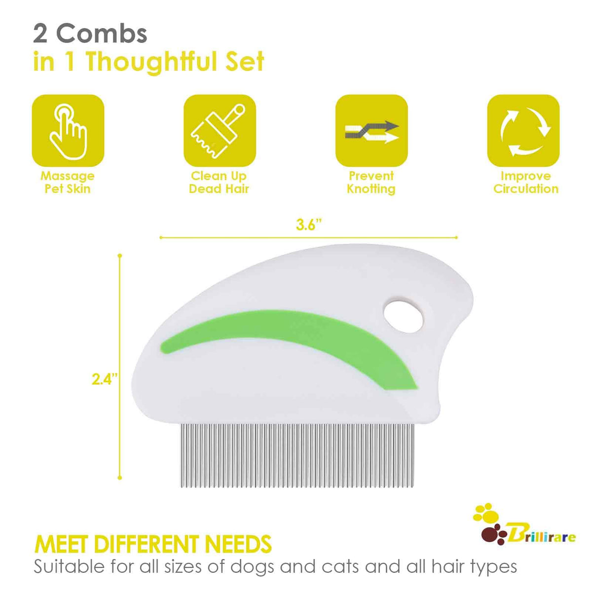 2 Pack Flea Lice Comb, Stainless Steel Dog Cat Grooming Combs with Rounded Teeth, Professional Pet Tear Stain Remover, Dematting Tool for Small, Medium & Large Pets