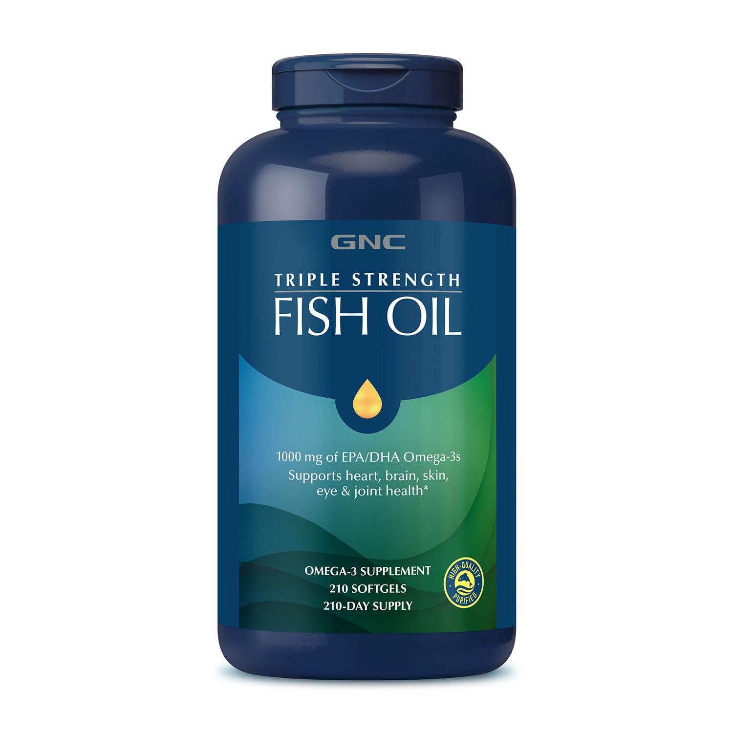 Buy now GNC Triple Strength Fish Oil Omega 3 Supplement, 1000mg EPA and DHA, Supports Heart, Brain, Skin, Eye and Joint Health, 210 Softgels at indiglob india