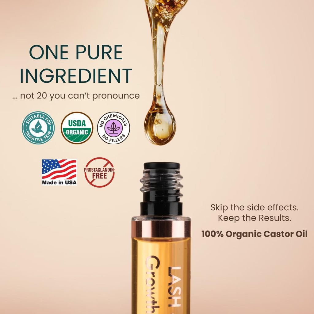 Organic Castor Oil Lash Serum for Eyelash Growth Serum and Eyebrow Growth | Made in USA 100% Pure Hexane Free Cold Pressed Castor Oil Lash Serum & Eyebrow Serum For Fuller Lashes/Brows Dual Applicator