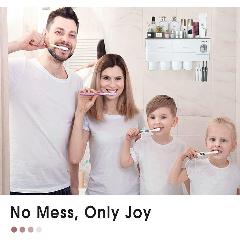 Buy now iHave Toothbrush Holders for Bathrooms, 4 Cups Toothbrush Holder Wall Mounted with Toothpaste Dispenser - Large Capacity Tray, 2 Cosmetic Drawer - Bathroom Organizer & Bathroom Accessories Set at indiglob india