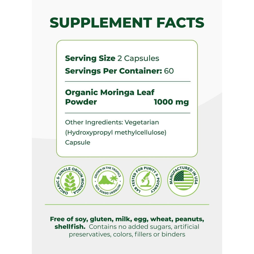 PURA VIDA MORINGA Organic Moringa Capsules Single Origin Moringa Powder Organic. Pure Moringa Leaf. Energy, Metabolism, & Immune Support. 120ct. 500mg Caps (Pack of 2)