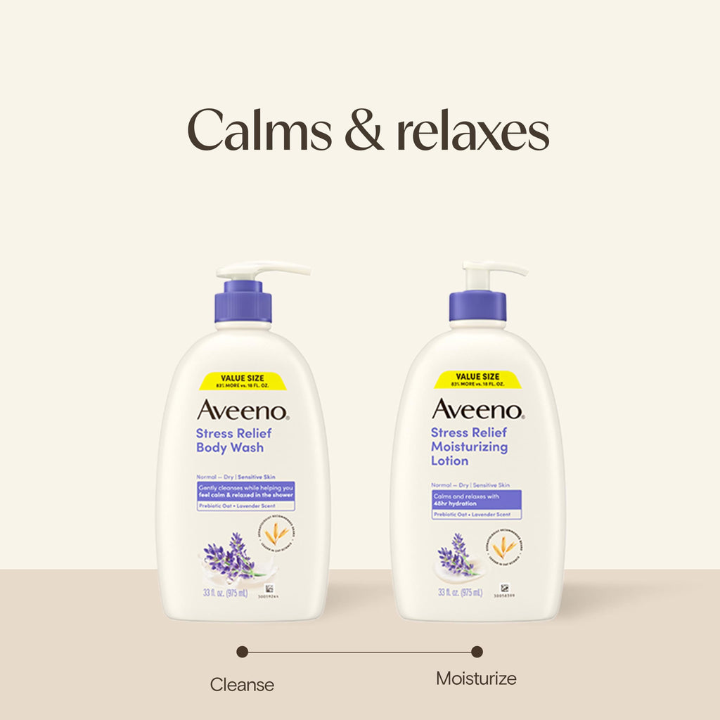 Aveeno Stress Relief Body Wash, Lavender Scent with Nourishing Prebiotic Oat, Sensitive Skin Body Wash for Normal to Dry Skin, Paraben-, Dye-, and Soap-Free, Value Size 33 Fl Oz