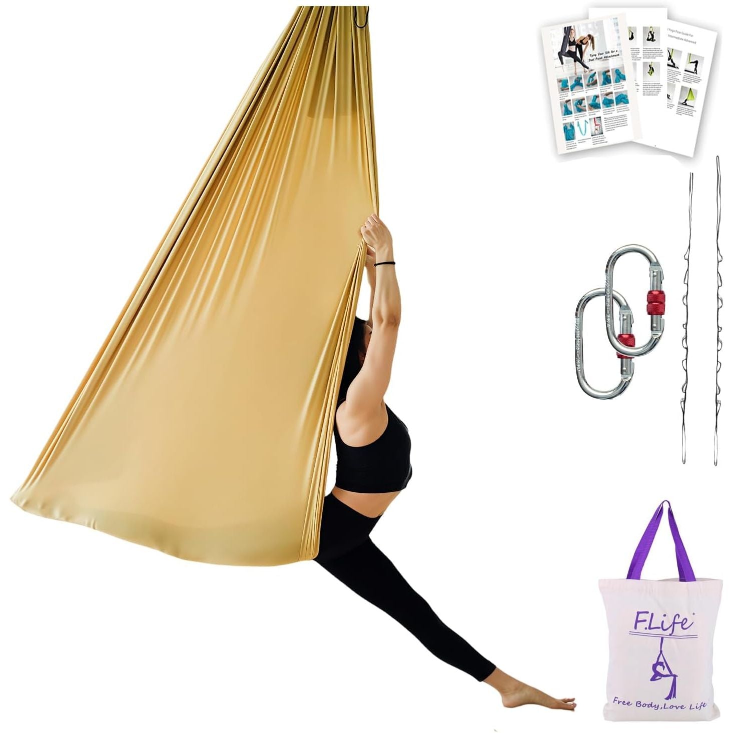 Buy now F.Life Aerial Silk Yoga Hammock & Swing for yoga Inversion,Strength training,starter hardware kit Gold at indiglob india