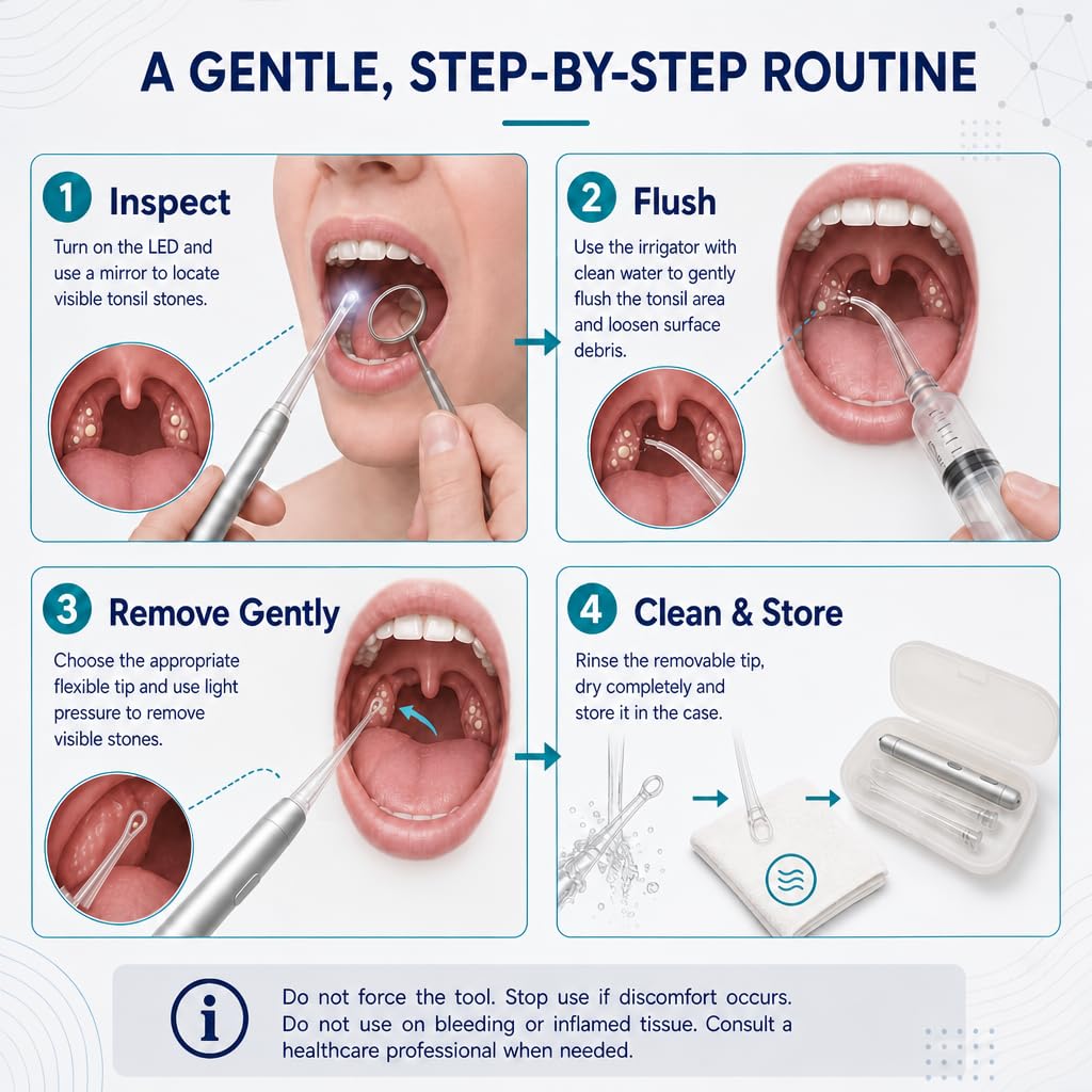Easy Tonsil Stone Remover- Electronic Tonsil Stone Removal Kit with Aluminum Alloy Body, Built-in LED Light & Flexible Probe - Painless Tonsillolith Remover Tool for Bad Breath - Rechargeable