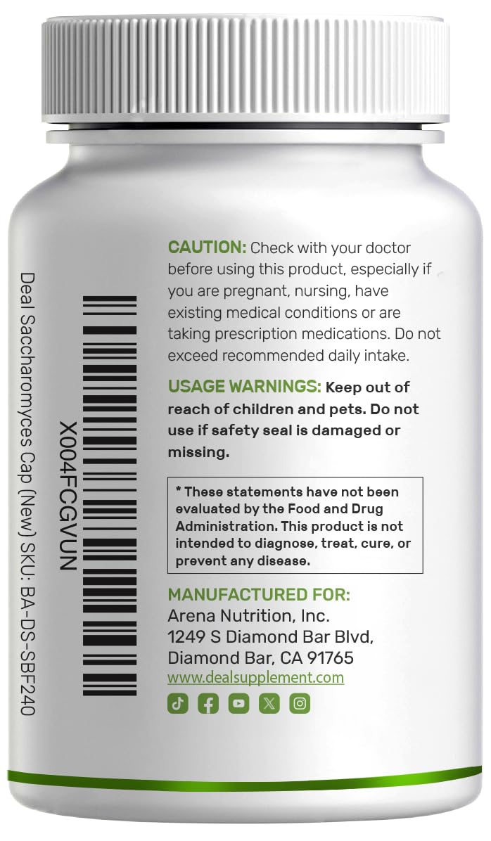 Saccharomyces Boulardii Probiotics + FOS Supplement, 10 Billion CFU, 240 Veggie Capsules – Probiotic & Prebiotic for Women & Men – Gut, Immune & Digestive Health Support – Non-GMO
