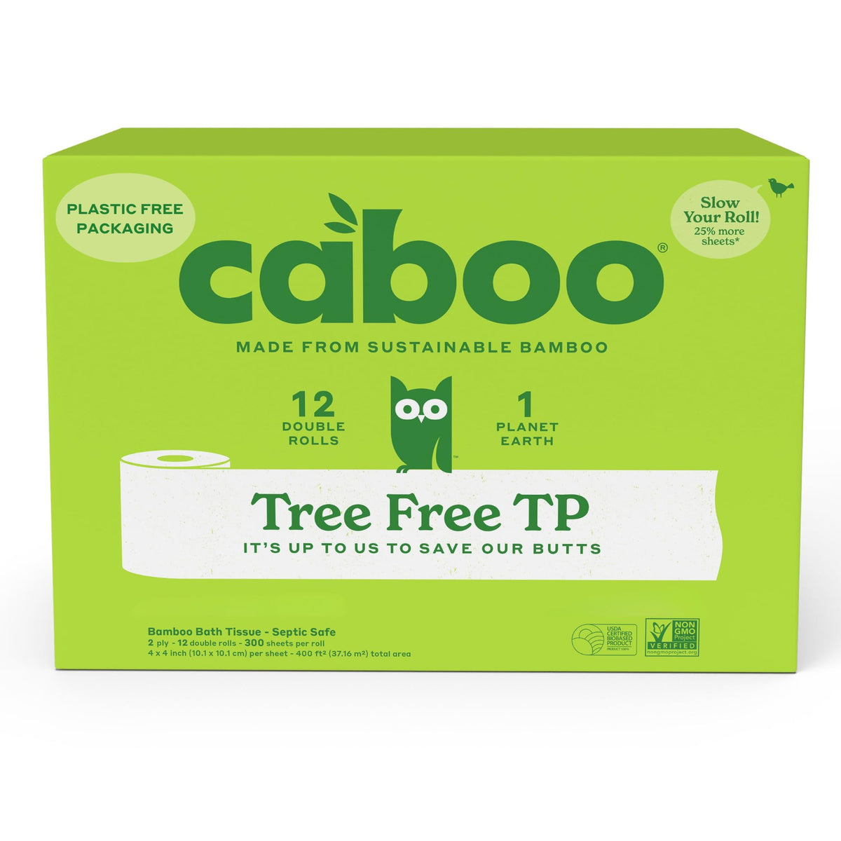 Caboo Tree Free Toilet Paper, Septic Safe Toilet Tissue, Plastic Free, Non Toxic, Chemical Free, 2 Ply Bathroom Toilet Paper | Pack of 12 Double Rolls, 300 Sheets Per Roll