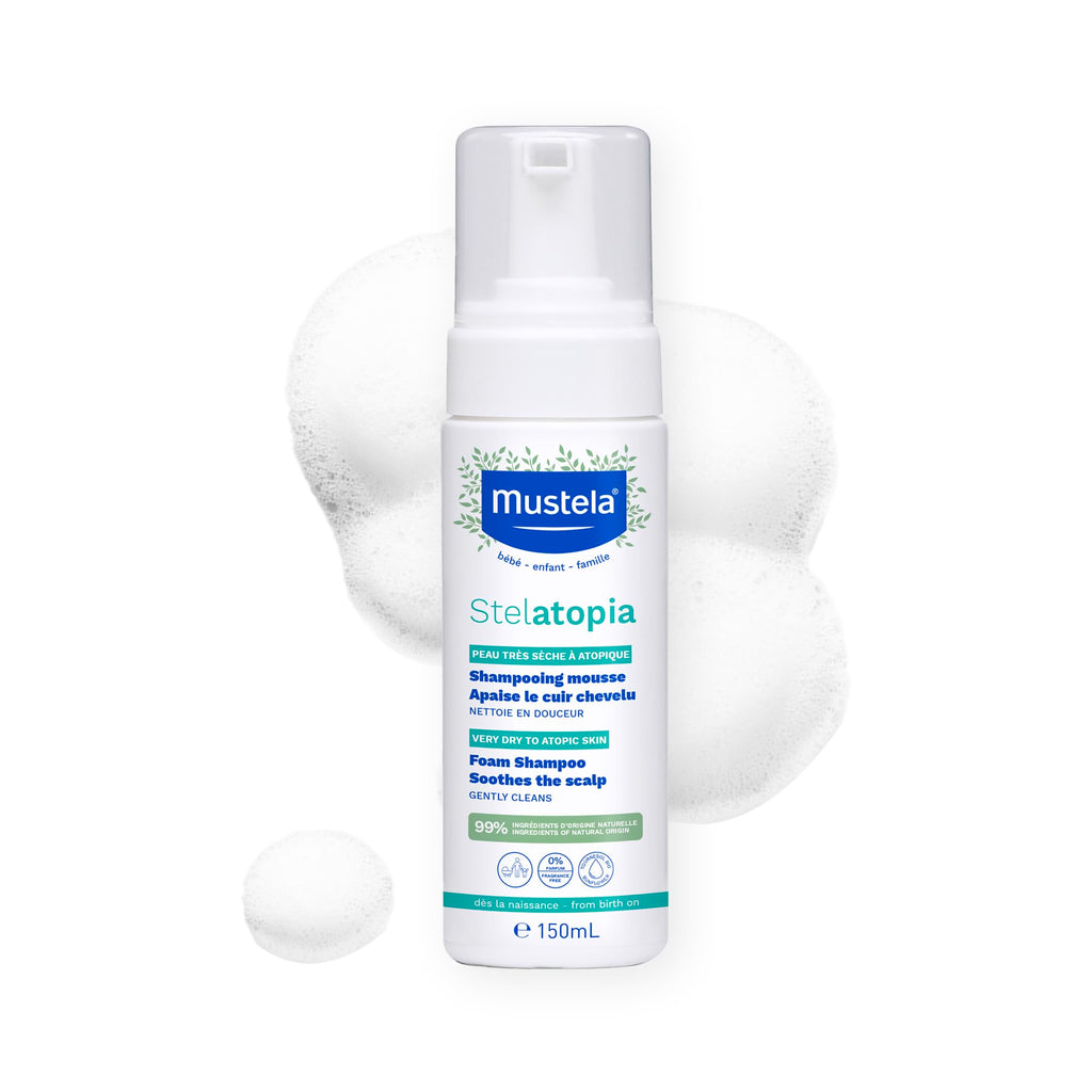 Mustela Stelatopia Eczema-Prone Skin Foam Shampoo for Newborn & Baby with - with Natural Avocado & Sunflower Oil - Fragrance-Free & Tear Free - 5.07 fl. oz.