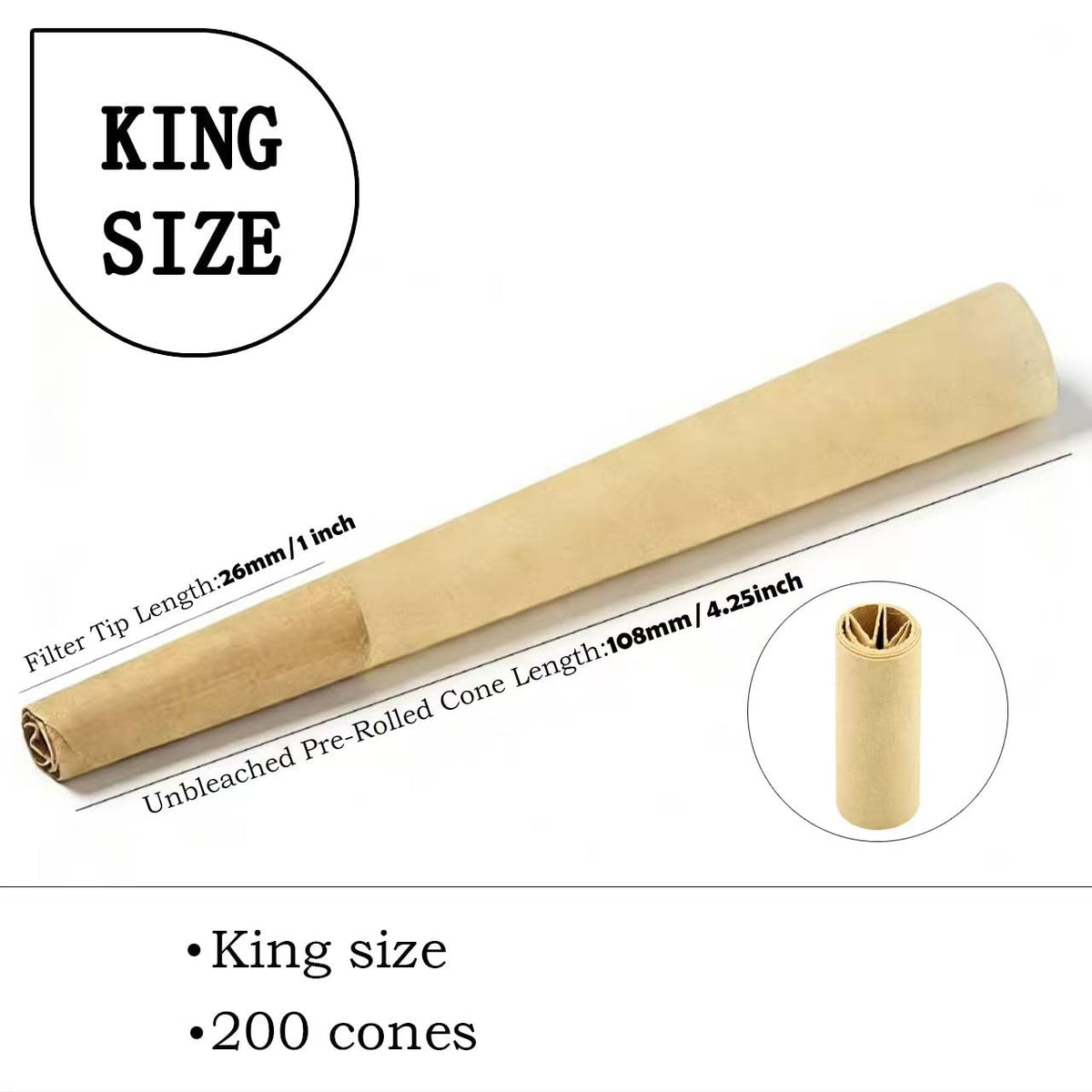 200 PACK Cones Rolling Paper | King Size | 108mm | Pre Rolled Cones with Paper Loader and Packing Sticks