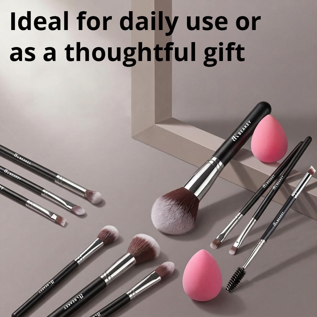 BEAKEY Makeup Brushes set with 2 Blending Sponges,10 Brush Face and Eye Set | Beginner-friendly face and eye tools with soft synthetic fibers for light,buildable coverage from foundation to eyeshadow